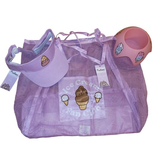 Pusheen Beach Bundle Mesh Tote Sun Visor Sand Coaster Pink Purple - Picture 1 of 14